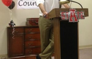 ASU Coach Gus Malzahn speaks at the Fordyce Civic Center, delivering one of 15 speeches on a statewide tour that covered more than 1,000 miles this week.