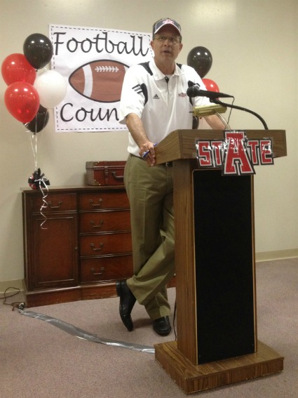 ASU Coach Gus Malzahn speaks at the Fordyce Civic Center, delivering one of 15 speeches on a statewide tour that covered more than 1,000 miles this week.