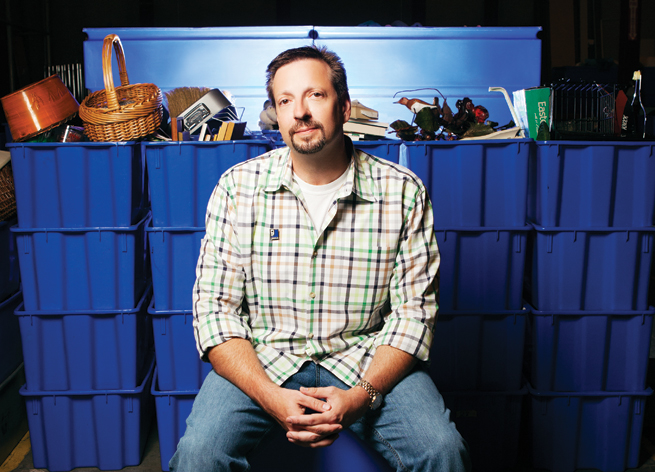 TRASH TO TREASURE Brian Itzkowitz, photographed in the warehouse at the Goodwill retail store on Markham. Brian&rsquo;s wardrobe was assembled using pieces from Goodwill&rsquo;s clothing racks.