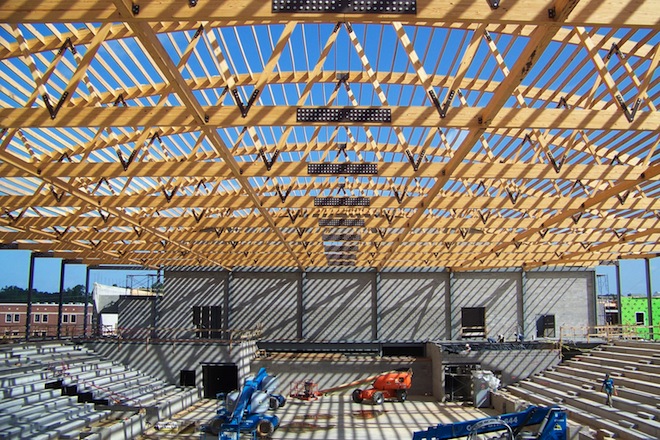 Builders of El Dorado High School used wood throughout the building. According to Woodworks.org, wood lowers a building's cabon footprint through "avoided" greenhouse gas emissions.