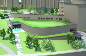 A rendering of the University of Arkansas' Hillside Auditorium on Dickson Street in Fayetteville captures a southern perspective of the three-tiered green roof construction.