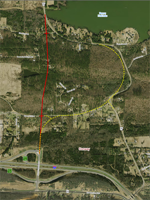 The city of Conway endorsed the more direct route (in red) for a future Arkansas Highway 25 extension.