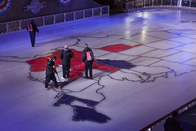 NBC News projects early results of 2012 presidential election on Nov. 6, using a painted map on the ice rink at Rockefeller Plaza in New York City.