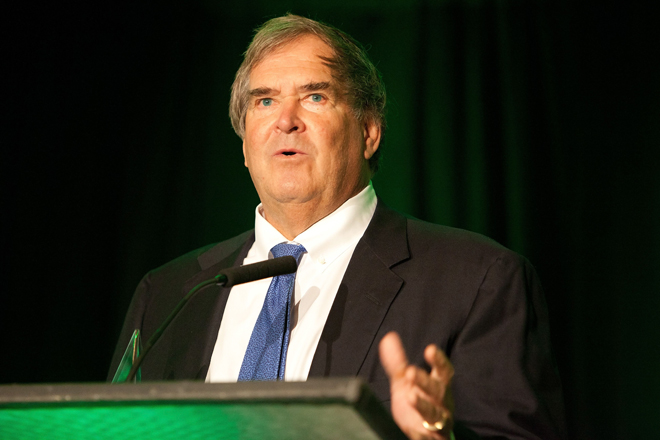Tom Gibbons of Frost PLLC thanks his colleagues after accepting the Arkansas Business CFO Lifetime Achievement Award in Accounting at a luncheon held Nov. 14 at Embassy Suites in Little Rock.