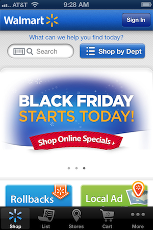 A look at Wal-Mart's app for iOS, which promotes this week's Black Friday deals.