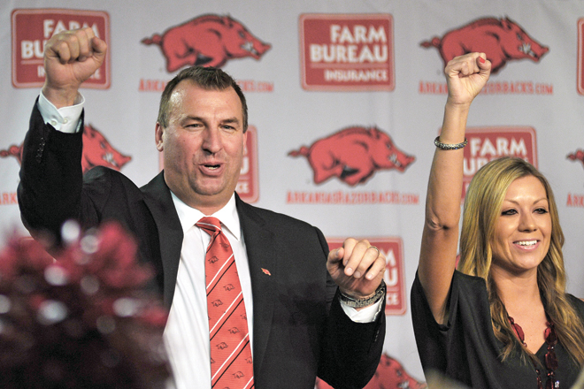Bret Bielema, UA&rsquo;s new football coach, and his wife, Jen, call the Hogs.&nbsp; &ldquo;We&rsquo;re building a new facility here at Arkansas that is off the charts,&rdquo; Bielema said. &ldquo;That is just going to open so many doors in recruiting.&rdquo;