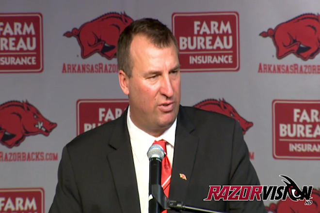 Bret Bielema, via the University of Arkansas' RazorVision&nbsp;streaming video service, speaks at his first news conference as Razorbacks football coach.