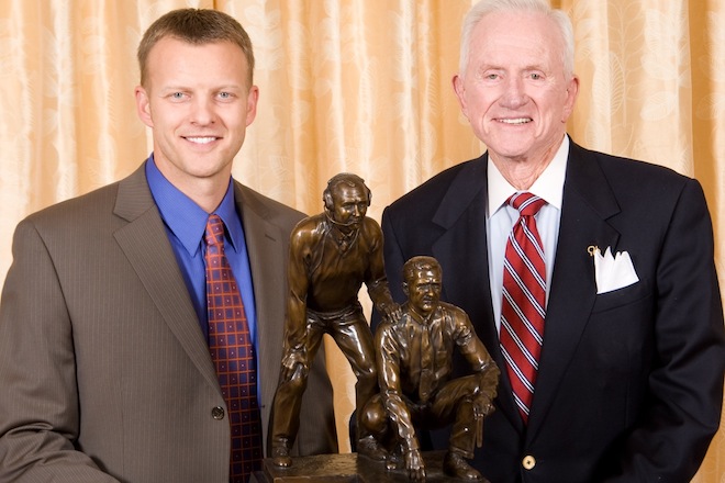 Bryan Harsin, left, and Frank Broyles, at the 2009 Broyles Awards. Harsin was a finalist for the award that year.