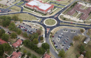 A roundabout at the intersection of Harkrider, Markham and Siebenmorgan streets adjacent to Hendrix College in Conway.