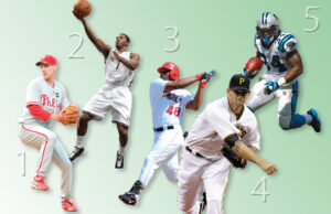 From left, Cliff Lee of Benton, Joe Johnson of Little Rock, Torii Hunter of Pine Bluff, A.J. Burnett of North Little Rock and DeAngelo Williams of Wynne.