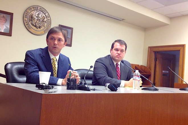 Republican House Speaker Davy Carter and Senate President Michael Lamoureux speak to reporters Jan. 7 at the state Capitol.