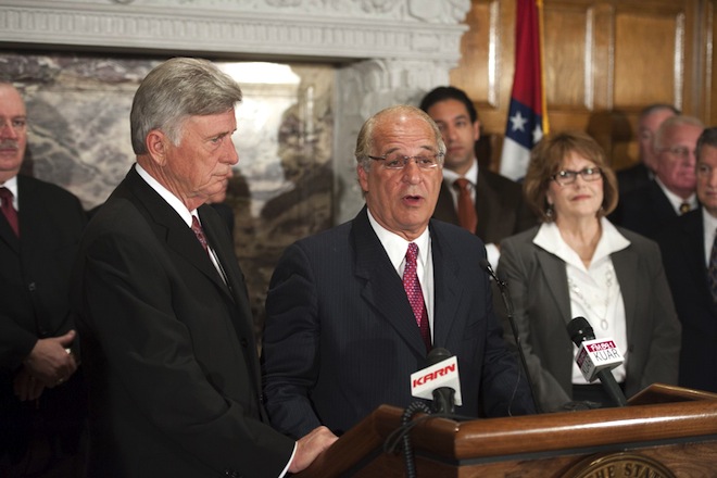 Gov. Mike Beebe and John Correnti at the Jan. 29 news conference announcing plans for a $1.1 billion steel mill in Mississippi County.