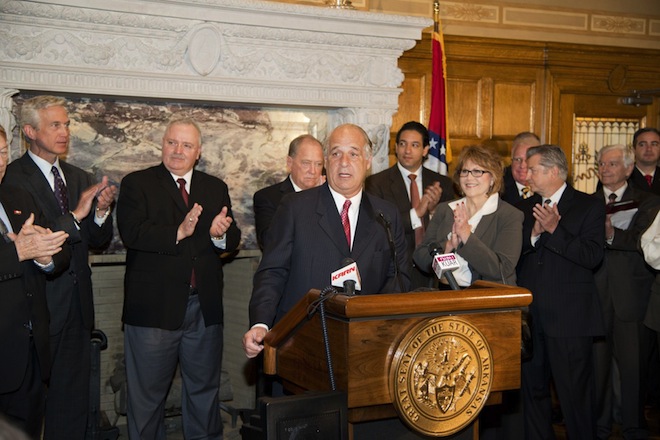 John Correnti takes the prodium during the Big River Steel announcement.