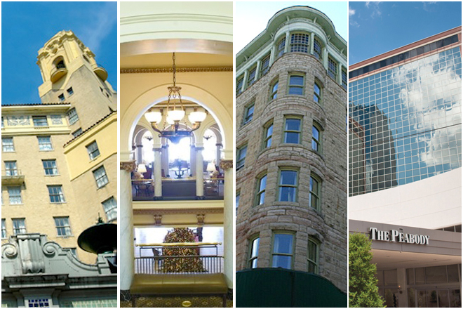 From left, The Arlington in Hot Springs, The Capital Hotel in Little Rock, The Basin Park Hotel in Eureka Springs and The Peabody Little Rock.