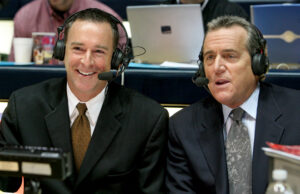 Fayetteville resident Jimmy Dykes (left, shown with play-by-play man Brad Nessler) provides analysis for 65 to 70 men&rsquo;s basketball games a year on national TV.