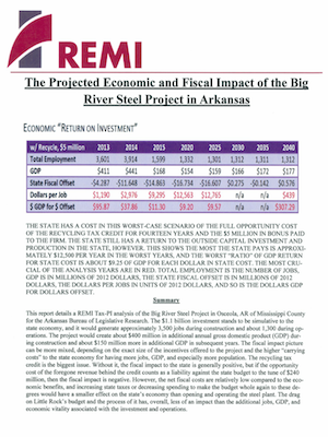 The summary report on Big River Steel by Regional Economics Models Inc. (REMI), one of two firms hired by the Legislature to vet the project and the state's incentives used to lure it.