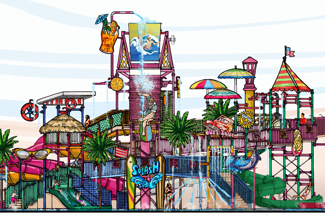 Splash Island will feature "slides, bubbler jets, water wheels, tipping buckets, water curtains, net climbs, pools and waterfalls."