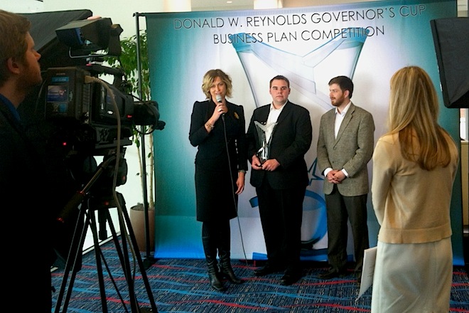 Members of the Picasolar team from the University of Arkansas are inteviewed following their win at the 2013 Donald W. Reynolds Governor's Cup Awards event in Little Rock.