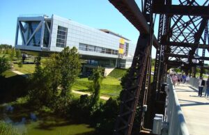 A view of the Clinton Presidential Library&nbsp;from the Presidential Park Bridge.