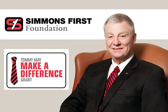 A slide from a presentation announcing the Tommy May Make A Difference Grant. Simmons First National announced the grant at its 2013 annual meeting, the last for May as company CEO.