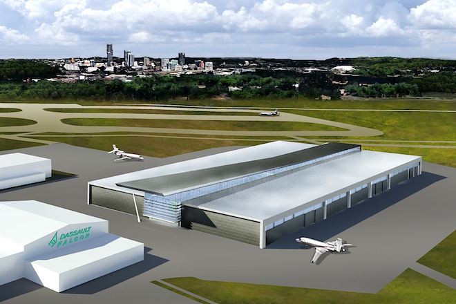 An artist's rendering of the new building Dassault Falcon Jet is planning on its campus at the Bill and Hillary Clinton National Airport in Little Rock.&nbsp;