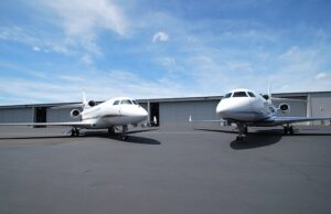 Two&nbsp;Dassault Falcon Jets on the company's campus at the Bill and Hillary National Airport in Little Rock.