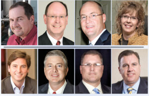 Top row, from left: Clete Brewer, George Makris Jr., Scott Ford and Judy McReynolds. Bottom row, from left: John Roberts, Dabbs Cavin, Chris Wewers and Cliff Beckham.