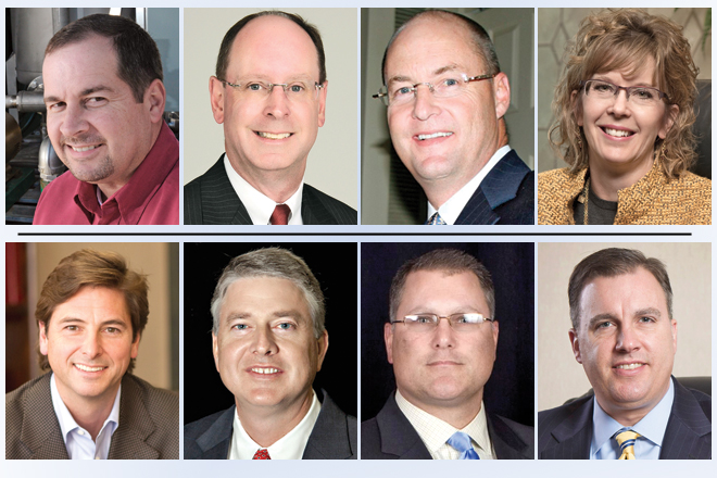 Top row, from left: Clete Brewer, George Makris Jr., Scott Ford and Judy McReynolds. Bottom row, from left: John Roberts, Dabbs Cavin, Chris Wewers and Cliff Beckham.