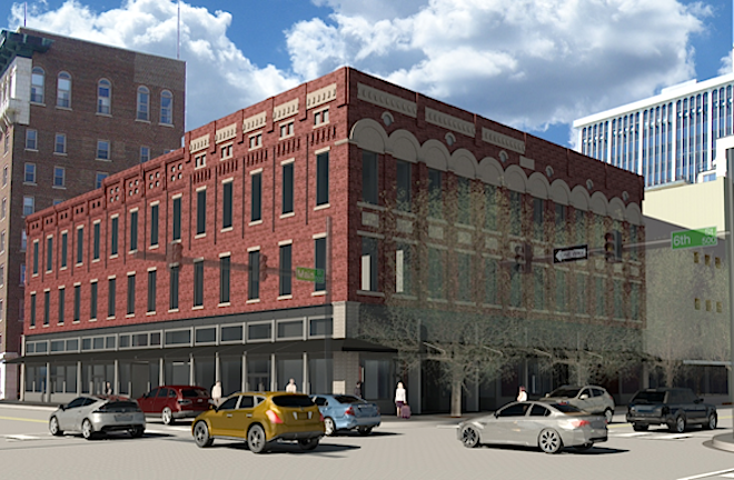 A rendering of the renovated Arkansas Building at the corner of Sixth and Main streets in downtown Little Rock.
