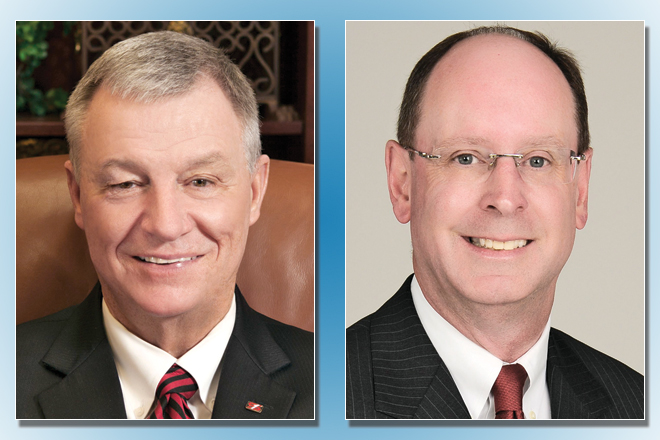 CHANGES: J. Thomas May&rsquo;s (left) retirement as CEO of Simmons First National Corp. at the end of 2013 will elevate George Makris Jr. (right), longtime director and former beer distributor, to the top job at the venerable Pine Bluff bank holding company.