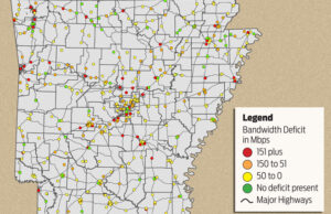 A map of which K-12 schools are operating at bandwidth speeds of 100 megabits per second for every 1,000 students and staff members. Each dot represents a public school acting as a bandwidth distribution point for nearby educational facilities.