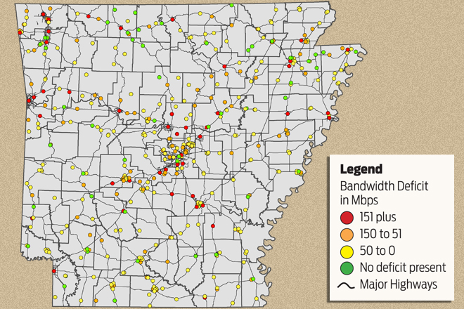 A map of which K-12 schools are operating at bandwidth speeds of 100 megabits per second for every 1,000 students and staff members. Each dot represents a public school acting as a bandwidth distribution point for nearby educational facilities.