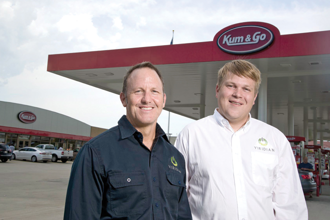 Chris Ladner (left) and Chad Oppenhuizen of the Viridian consulting firm of Little Rock are helping Kum & Go expand its LEED-certified stores in Arkansas and 10 other states.