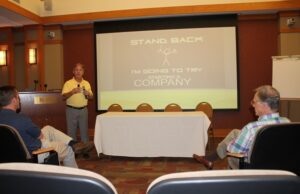UA researcher Ralph Henry, co-founder of Innovate Arkansas firm InterveXion Therapeutics, leads a session on academic startups with IA adviser Jeff Amerine, left, and Jerry Adams of the Arkansas Research Alliance. (Photo by Mai Nguyen)