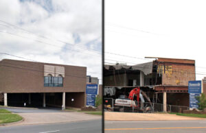Before & After: The vacant Brandon House Furniture building in April (left) and in August.