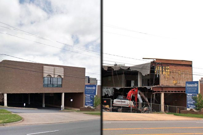 Before & After: The vacant Brandon House Furniture building in April (left) and in August.