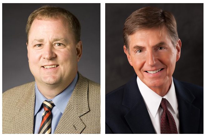 University of Arkansas vice chancellor Chris Wyrick (left) and former UA spokesman John Diamond.