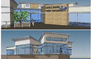 Artistic renderings of the front and rear views of a new Arkansas River Resource Center to be built on the banks of the Arkansas River by the Little Rock Port Authority.