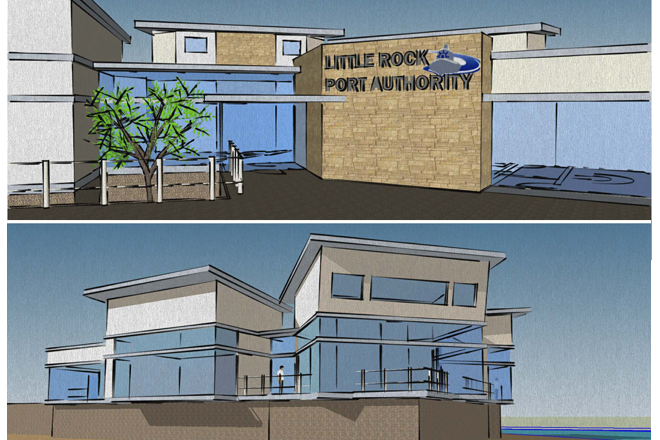 Artistic renderings of the front and rear views of a new Arkansas River Resource Center to be built on the banks of the Arkansas River by the Little Rock Port Authority.