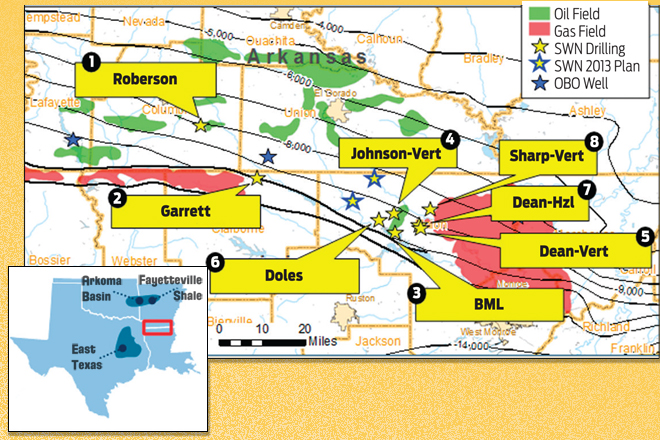The Lower Smackover Brown Dense formation is in southern Arkansas and northern Louisiana. This map from Southwestern Energy Production Co. of Houston shows the locations of its wells.