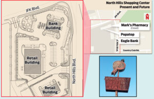 A preliminary site plan by RPPY Architects shows the transformation envisioned for the venerable shopping center at the intersection of JFK (Highway 107) and North Hills boulevards on the border of North Little Rock and Sherwood. Ground will be broken Aug. 27 on the retail building at the south edge of the property now owned by the Harry Hastings Jr. family.