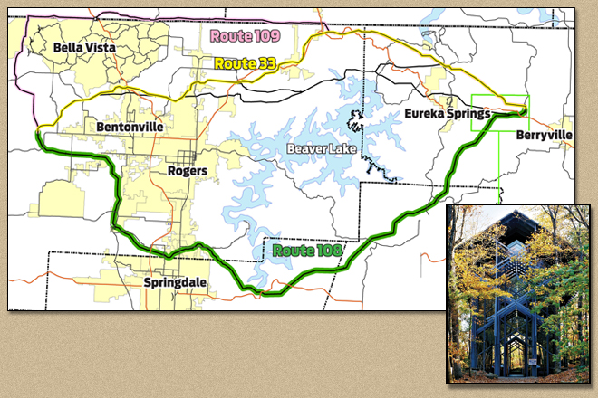 Swepco was ordered earlier this month to drop three alternative routes &mdash; Nos. 62, 86 and 91 &mdash; from its request. That leaves preferred route No. 33 and alternates Nos. 108 and 109 on the table. Opponents fear the lines could threaten attractions like Thorncrown Chapel (inset.)