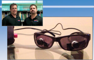 Tim Zigler, left in inset, and Brandon Foshee formed Fauxsee to sell Roboglasses, a device that helps the visually impaired avoid head and upper body injury. The original Roboglasses prototype (below), designed by Tim Zigler, was simply a pair of sunglasses with parking aid sensors attached.