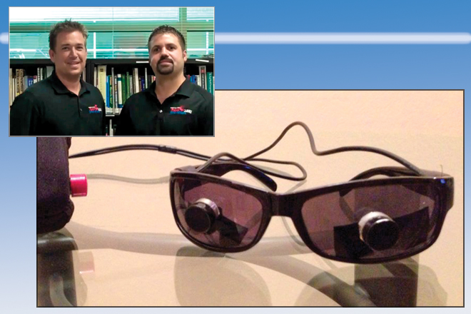 Tim Zigler, left in inset, and Brandon Foshee formed Fauxsee to sell Roboglasses, a device that helps the visually impaired avoid head and upper body injury. The original Roboglasses prototype (below), designed by Tim Zigler, was simply a pair of sunglasses with parking aid sensors attached.