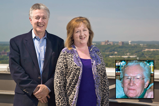Bentley Badgett II and Melinda Martin, building manager at Plaza West. J. Rogers Badgett Sr., inset, oversaw the property for over 30 years until his death.