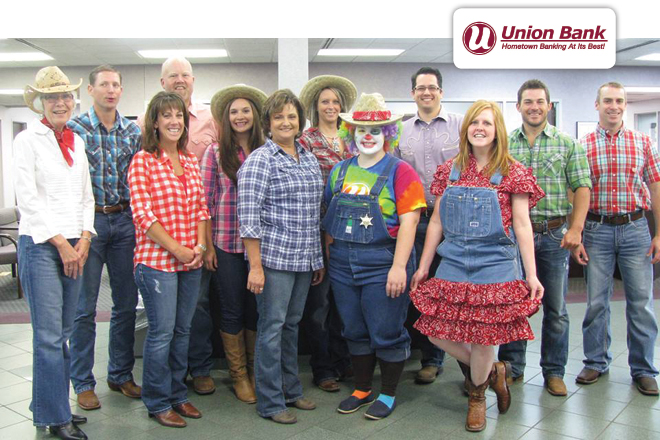Celebrating the rodeo at Union Bank of Mena.