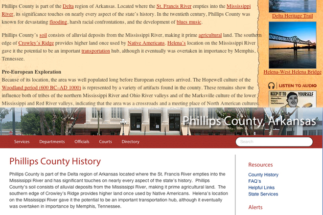 Copy from the Encyclopedia of Arkansas History & Culture's website (above) was reused on the new home page for Phillips County (below.) A link of the county's website now takes visitors to the Phillips County entry on the Encyclopedia of Arkansas.