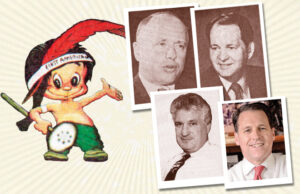 At top, northwest Arkansas businessmen M. David Howell Jr. and J.B. Hunt. At bottom, former One Bank CEO and president Layton "Scooter" Stuart with former EVP and COO Mike Heald. The company's mascot, a "first Amercian" Indian, was created by editorial cartoonist George Fisher.
