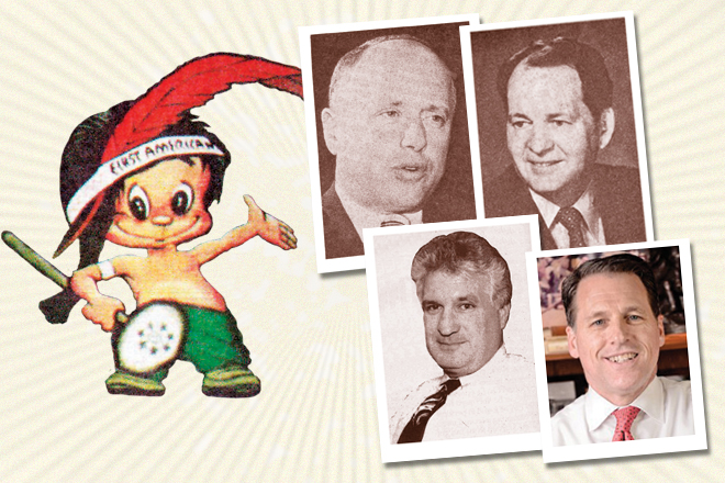 At top, northwest Arkansas businessmen M. David Howell Jr. and J.B. Hunt. At bottom, former One Bank CEO and president Layton "Scooter" Stuart with former EVP and COO Mike Heald. The company's mascot, a "first Amercian" Indian, was created by editorial cartoonist George Fisher.