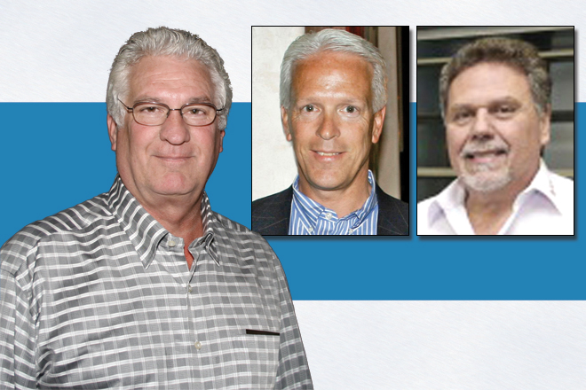 Former One Bank & Trust CEO and President Layton "Scooter" Stuart (left), who died March 26; Gary Rickenbach (center), former executive vice president and chief loan officer; and Alberto Solaroli (right) of Jacksonville, Fla.